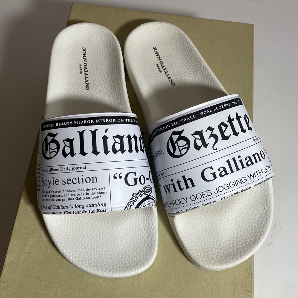 White John Galliano slides new never worn ink stain on bottom, right foot